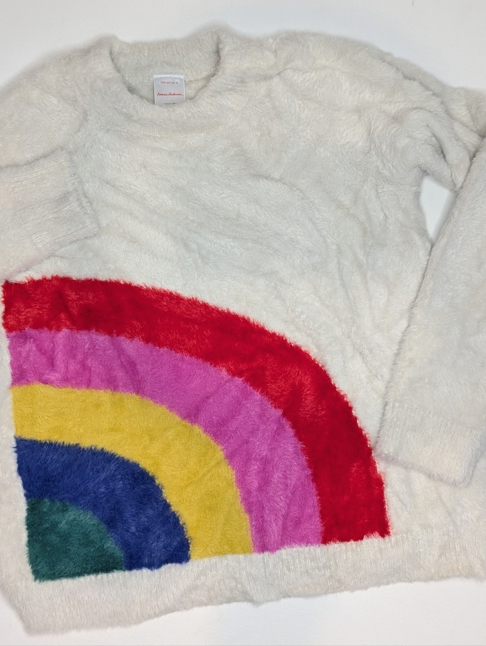 Cozy White Fuzzy Sweater with Rainbow Arc